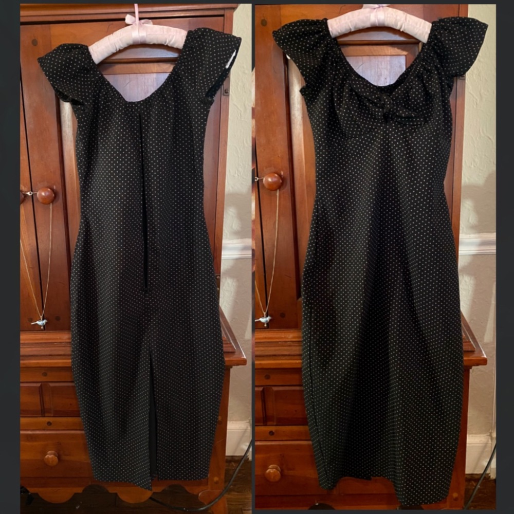 Black Stop Staring wiggle dress w purple polkadots